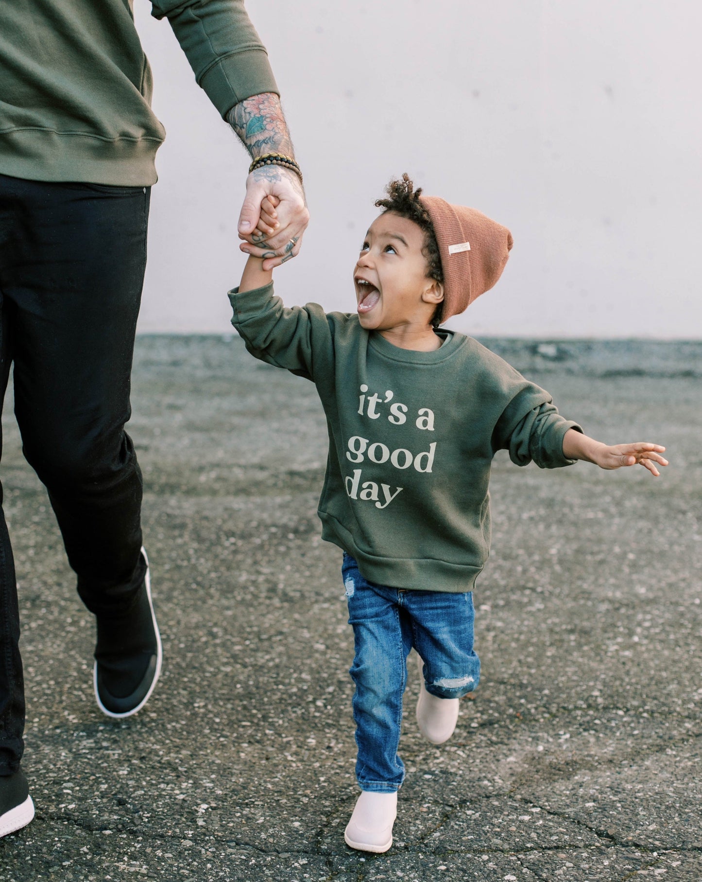 Kids Crew Neck Pullover - Good Day - Olive Shirts & Tops heyfolks 